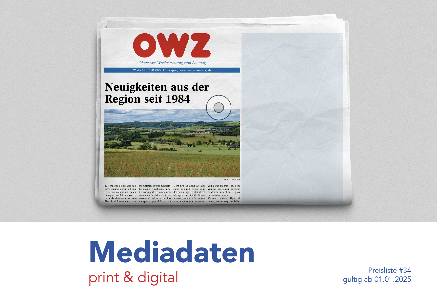 Screenshot des Deckblattes der Mediadaten der Zeitung "OWZ zum Sonntag" Stand 2025